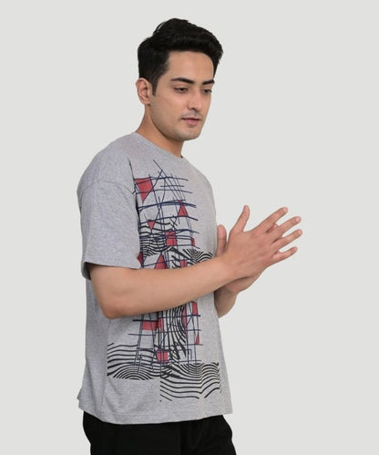 Men's Grey Geometric Print Half Sleeves Oversized Fit T-Shirt