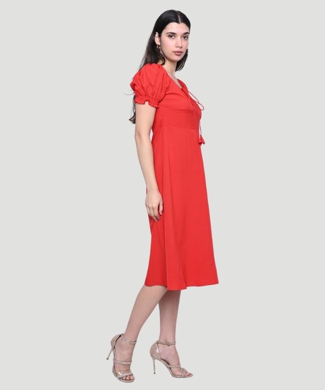 Indusvale Women's Red Solid Regular Fit A-line Midi Dress